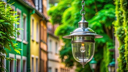 Vintage aluminum pendant lamp hanging with a green background in a Basel street view , vintage, aluminum