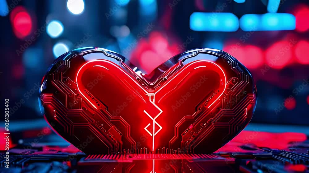 Aufkleber a glowing red heart shaped object with a circuit board design in front of a bokeh background.