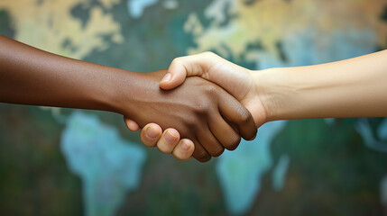 Symbolic Handshake Representing Global Unity and Diversity with World Map Background