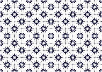 dark blue symbol floral on White background, ethnic fabric seamless pattern, design for cloth, carpet, batik, wallpaper, wrapping etc.
