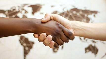 Symbolic Handshake Representing Global Unity and Diversity with World Map Background