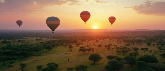 Naklejka premium Colorful hot air balloons gracefully floating over a lush valley at sunset creating a captivating landscape scene