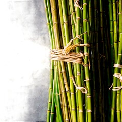 Obraz premium A bundle of fresh green bamboo stalks tied together with twine, arranged against a grey background.