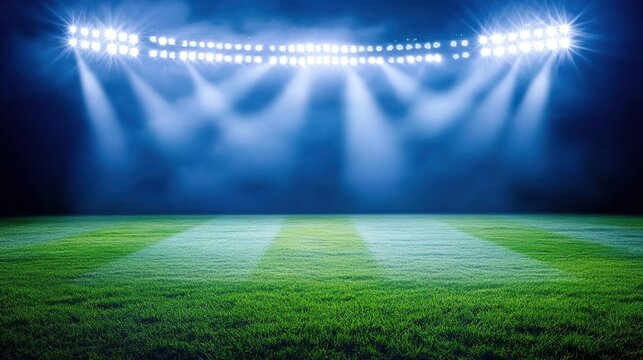 illuminated stadium lights piercing through the dark night sky, creating an electrifying atmosphere for a soccer match. the dramatic lighting captures the excitement and energy of sporting events HD