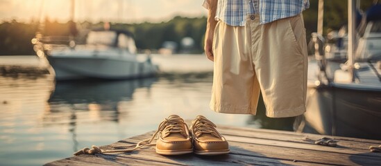 A pair of brown leather boat shoes on a wooden dock with a person in khaki shorts and a plaid shirt standing behind.