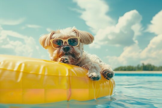 Adorable dog relaxing on a yellow float in the summer. Generative Ai