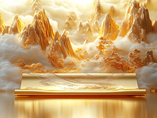 a golden scroll unrolling from a cliff face into a fantasy landscape with rolling hills and a river, under a sunset sky.