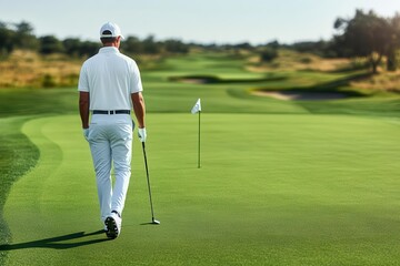 Fototapeta premium A golfer walks on a lush green course towards the flag, dressed in white, showcasing a tranquil, focused moment in the game.