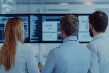 Fototapeta premium Three professionals observe data analytics on multiple screens, engaged in a collaborative discussion within a modern workspace.