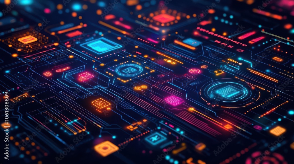 Poster a vibrant digital circuit design featuring colorful nodes and connections, representing technology a