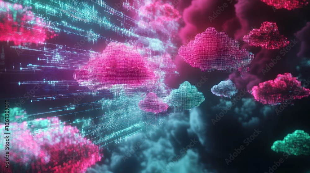Poster digital cloudscape - neon lights and data streams