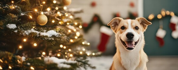 A cheerful dog sits next to a decorated Christmas tree, surrounded by festive lights and stockings, creating a warm holiday atmosphere.