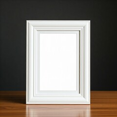 A blank white photo frame on a table.