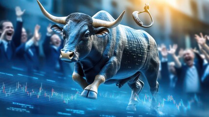 A bullish market symbol depicted by a powerful bull charging forward, with a backdrop of cheering crowds and financial graphs.