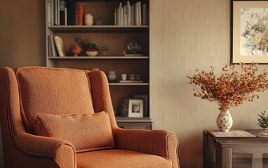 Close-up of a brown chair in a warm-toned room with beige walls, decorated shelves in the background, and a coffee table on the right side, styled in photorealistic detail