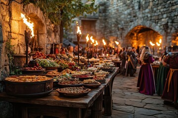 A vibrant medieval feast with tables full of food, illuminated by torches, set in a stone courtyard surrounded by people in period attire.