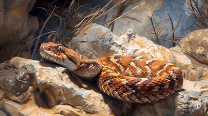 Fototapeta premium brown snake coiled on rocky terrain in natural habitat sunlit scene