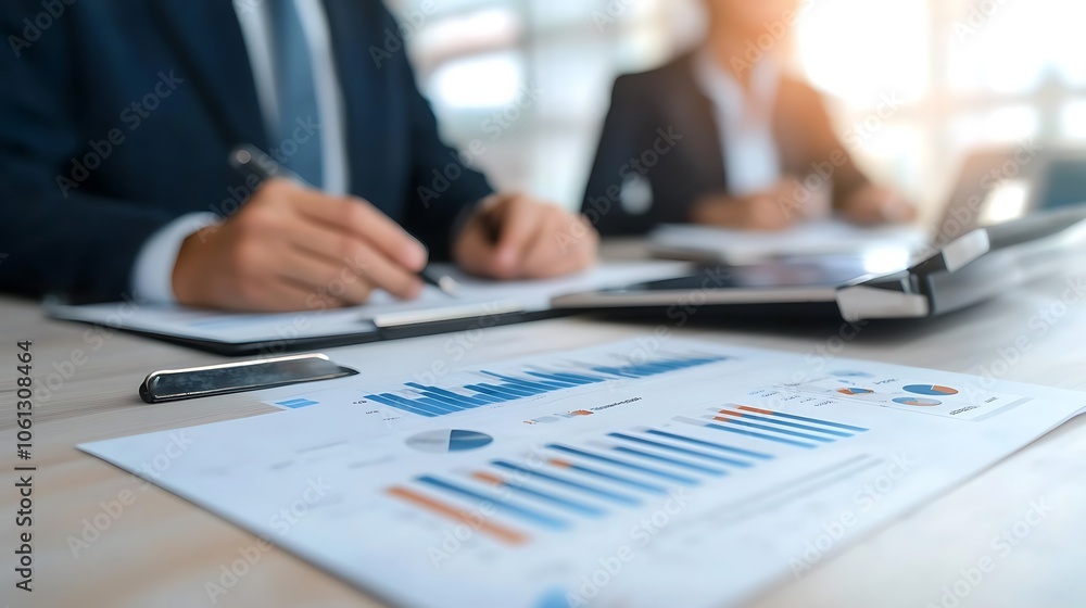 Poster professionals analyze business data using graphs and charts for improved decision making