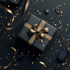 A stylish birthday banner and card design featuring a gift box, confetti, and elegant golden lettering. Perfect for a modern and luxurious birthday celebration.