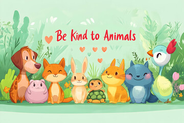 Cute cartoon animals with "Be Kind to Animals" sign in cheerful illustration