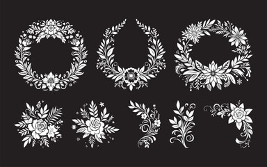 collection of black and white flat art flower vectors for wedding decorations