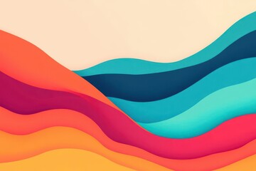 A colorful abstract illustration featuring flowing waves in shades of orange, blue, and pink, creating a vibrant and dynamic visual effect.