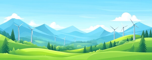 Obraz premium A serene landscape featuring rolling hills, mountains, and wind turbines under a blue sky.