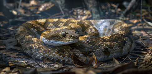 Fototapeta premium Russell's viper snake concealed in dried leaves and underbrush in its natural habitat