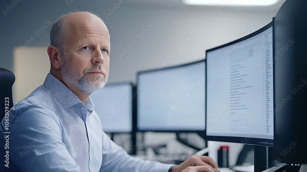 Poster professional man analyzes data on multiple monitors in modern workspace