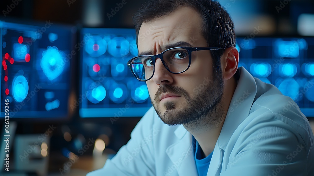 Poster scientist analyzes data to uncover new insights in high-tech laboratory environment