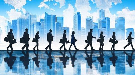 Business People Walking Silhouettes Cityscape Skyline Reflection