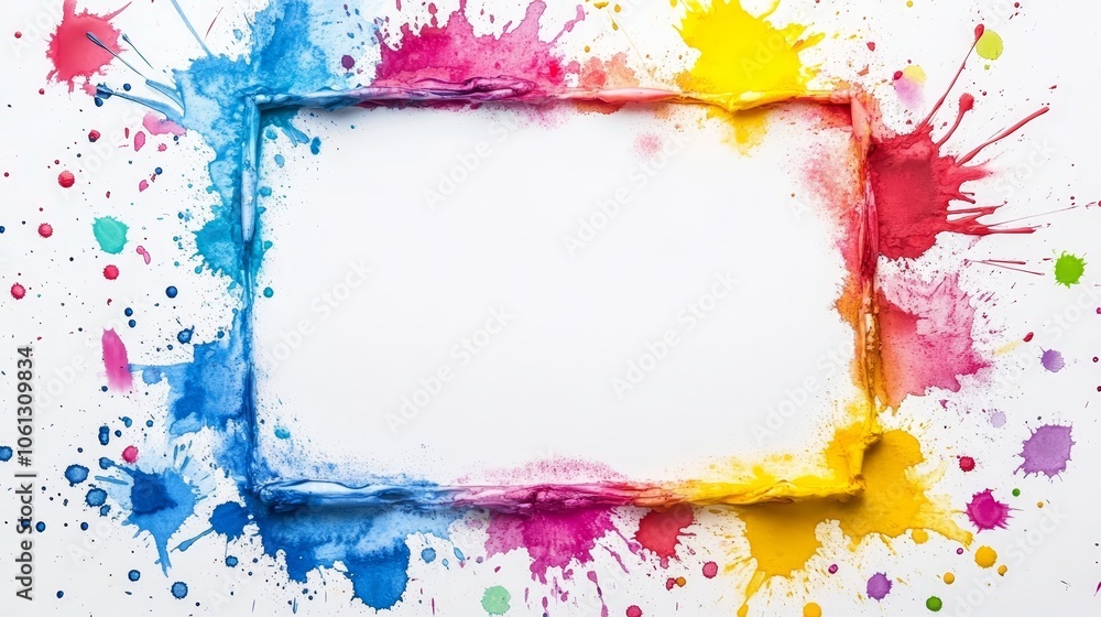 Poster vibrant colorful paint splatters on a square canvas, creating an abstract masterpiece of texture and