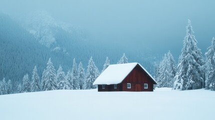 A serene winter landscape featuring a red cabin surrounded by snow-covered trees under a cloudy sky.