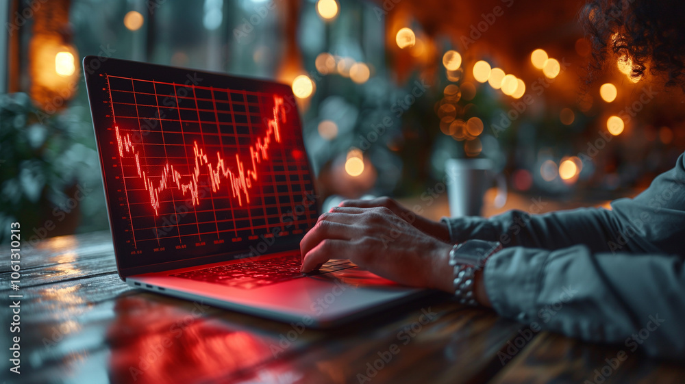 Poster a person is typing on a laptop with a red graph on the screen. the graph appears to be a stock marke