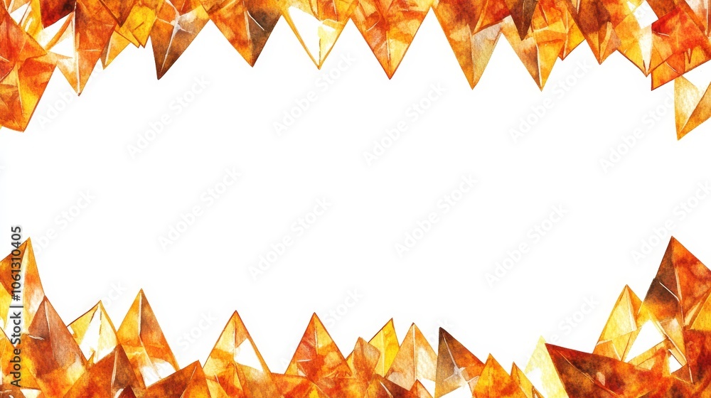 Poster geometric frame composed of vibrant orange and yellow triangles, creating a dynamic abstract visual.