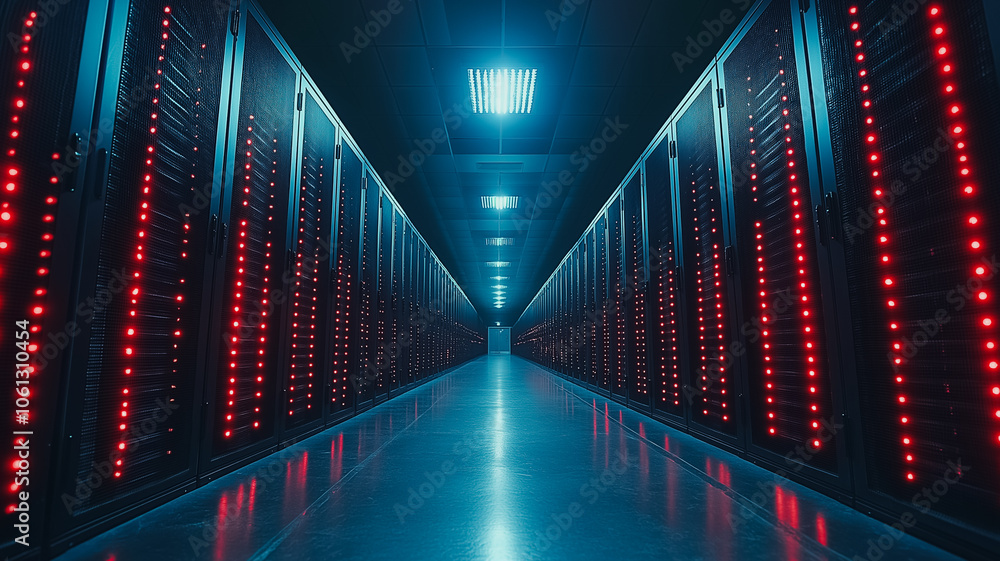 Aufkleber a long, empty hallway with red lights shining from the ceiling. the lights are bright and create a s
