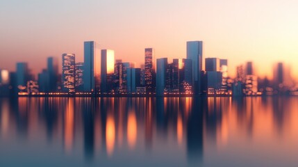 Obraz premium Stunning skyline at sunset reflected in calm water, showcasing modern architecture and vibrant colors in a serene urban environment.