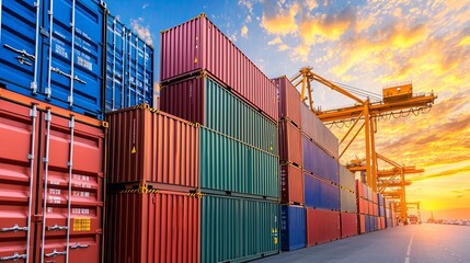 Fototapeta premium Vibrant Sunset Over Stacked Shipping Containers