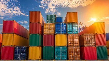 Fototapeta premium Colorful Shipping Containers at Sunset Over Port