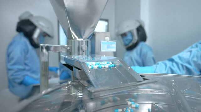 capsule pill making, quality inspection, machine filling capsule shells. pill making process in a pharma factory. bulk capsule medicine making machine. automatic machine filling capsules pills. pil