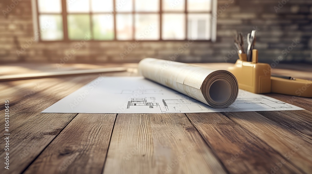 Poster blueprint plan on table with tools. construction drawing or architectural project design concept.