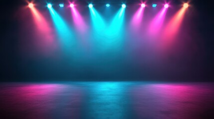 Vibrant stage lights illuminate an empty stage, creating a colorful atmosphere perfect for performances and events.