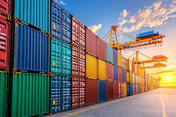 Fototapeta premium Colorful Shipping Containers at Sunset by Port Crane