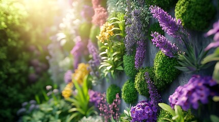Obraz premium Aromatherapy-inspired vertical garden with blooming lavender and fresh mint, calming green and purple hues, soft light adding warmth, highly detailed textures, realistic look. --ar 16:9