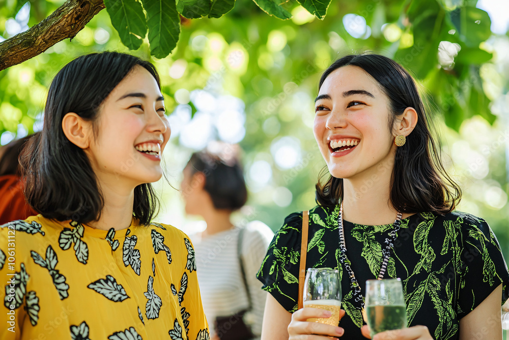 Wall mural women enjoying conversation beneath exotic tree canopy