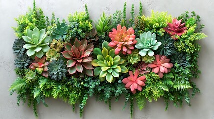 Compact indoor green wall with a blend of succulents and tropical plants, vibrant shades of green, designed for low-maintenance, warm ambient lighting, highly realistic details, HD quality.