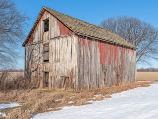 A rustic red barn stands in a snowy landscape under a clear blue sky.