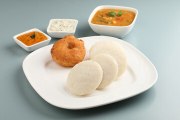 Idli vada with sambar ,sambhar also called medu wada South Indian Breakfast menu, Idly Vadai with...