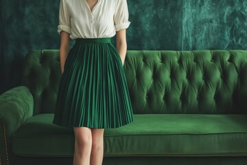 Elegant Woman in Green Skirt and White Blouse