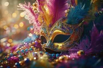 Vibrant Carnival Mask with Colorful Feathers and Beads